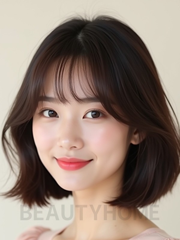 초콜릿 브라운 턱밑 스택 단발+풀뱅