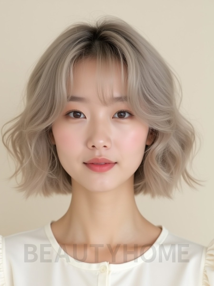 애쉬 블론드 귀밑 컬 단발+시스루뱅