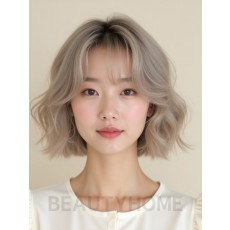 애쉬 블론드 귀밑 컬 단발+시스루뱅