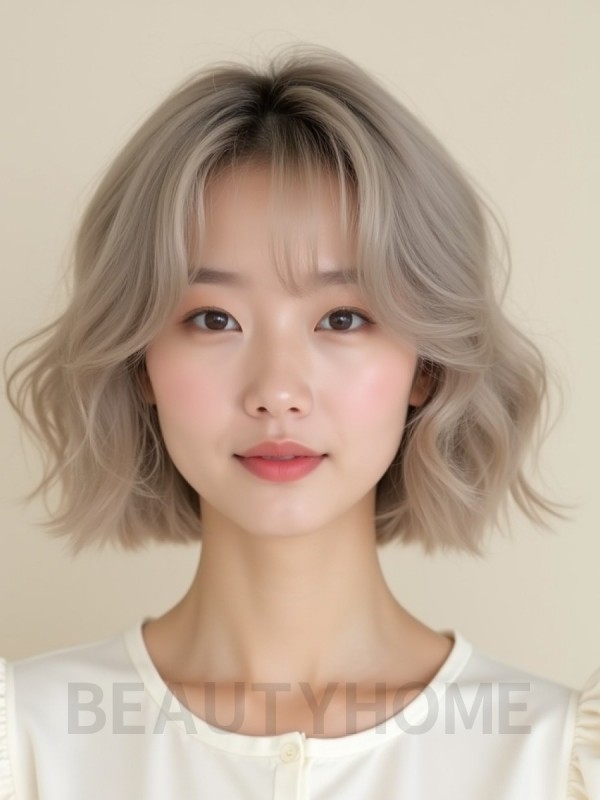 애쉬 블론드 귀밑 컬 단발+시스루뱅