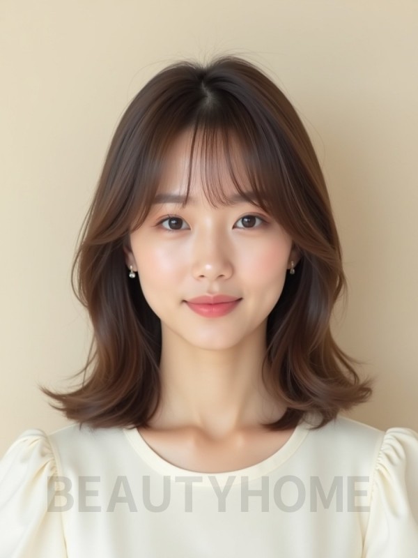 그레ige 브라운 어깨 생머리+시스루뱅