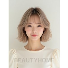 샌드 블론드 어깨 비대칭 단발+풀뱅