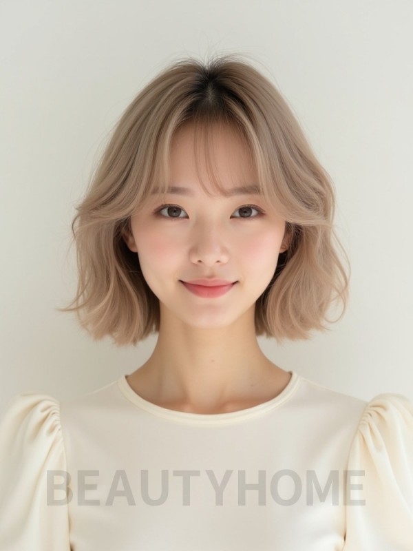 샌드 블론드 어깨 비대칭 단발+풀뱅