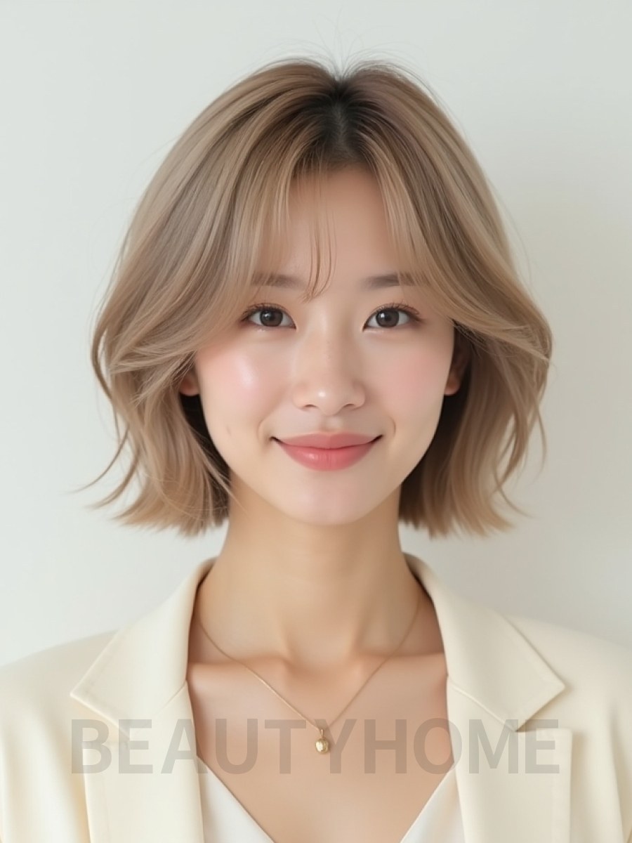 애쉬 베이지 귀밑 인버티드 단발+커튼뱅