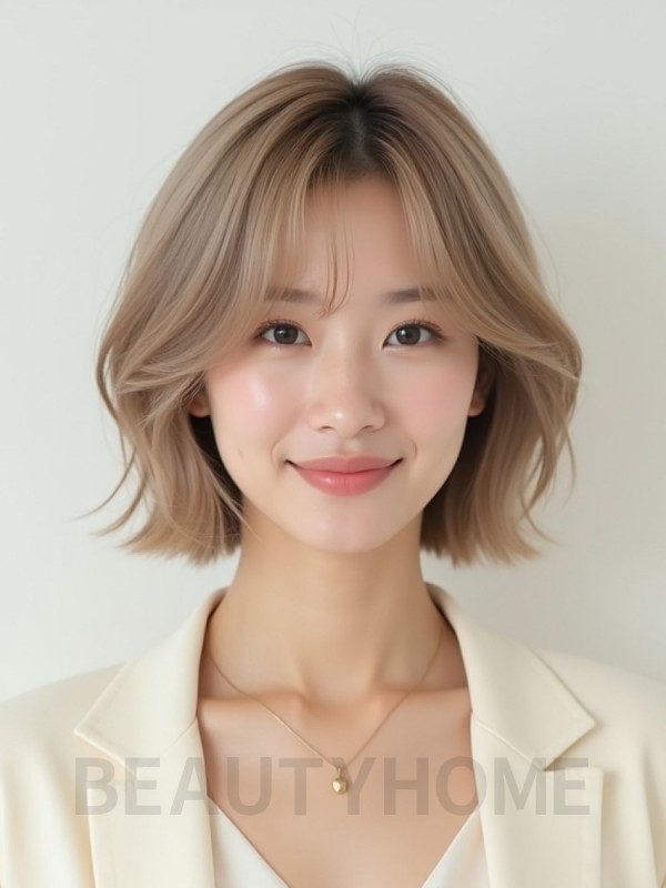 애쉬 베이지 귀밑 인버티드 단발+커튼뱅