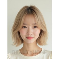 샌드 블론드 턱밑 비대칭 단발+풀뱅