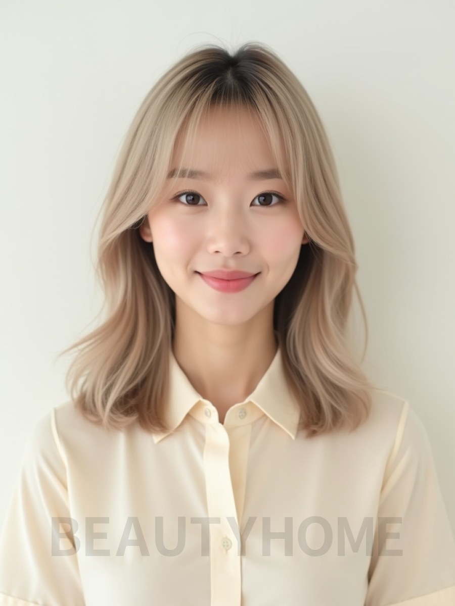 머쉬룸 블론드 어깨 생머리+커튼뱅