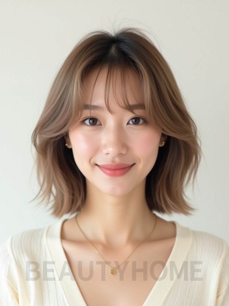 베이지 브라운 어깨 레이어드 단발+사이드뱅