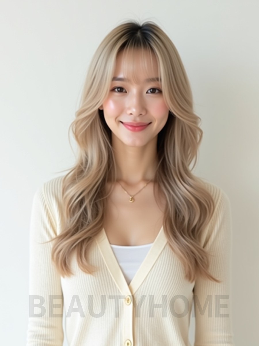 머쉬룸 블론드 긴 레이어+커튼뱅