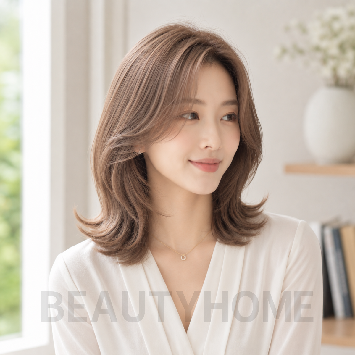 여자 중단발 레이어드 S컬펌 밀크티 베이지