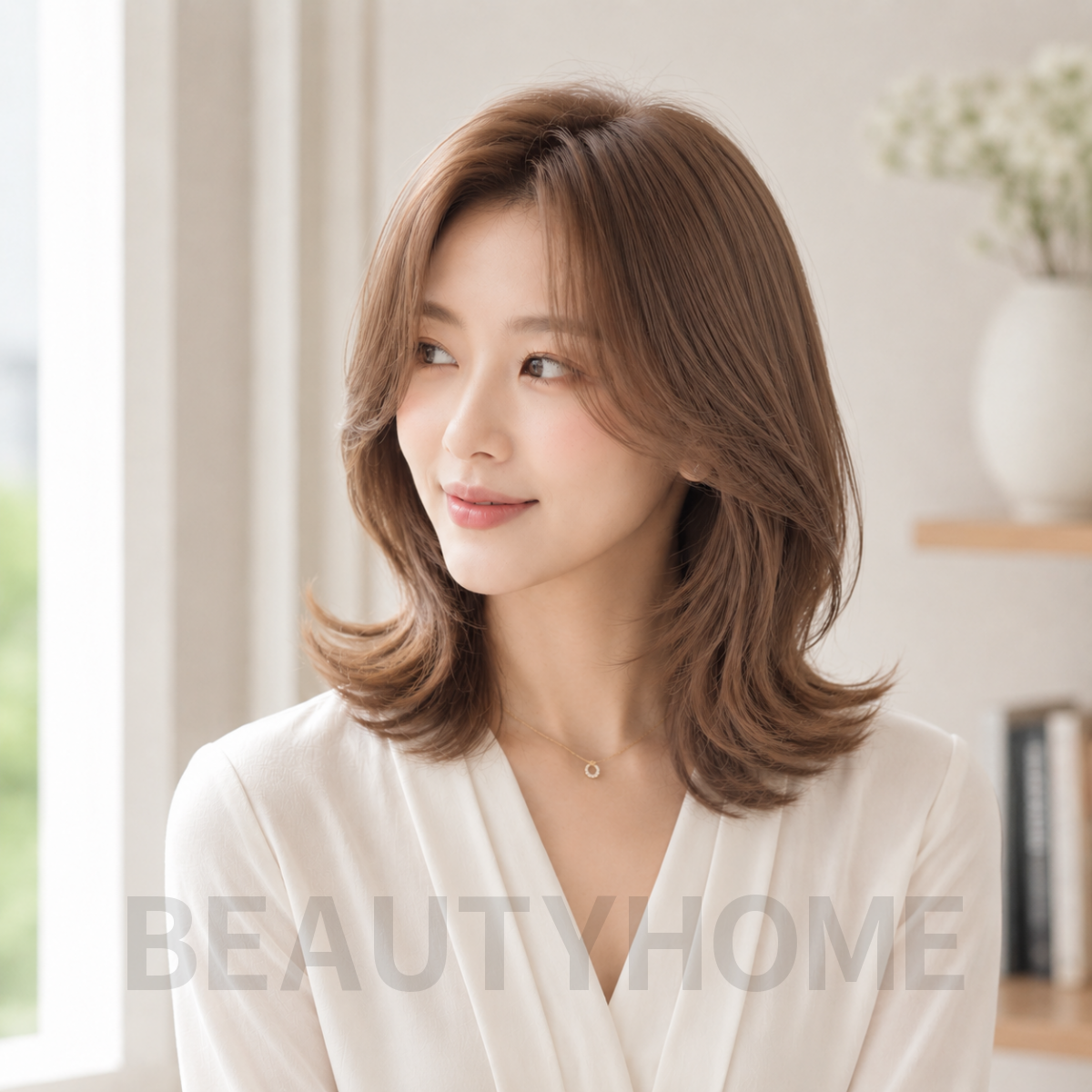 여자 중단발 레이어드 S컬펌 밀크티 베이지