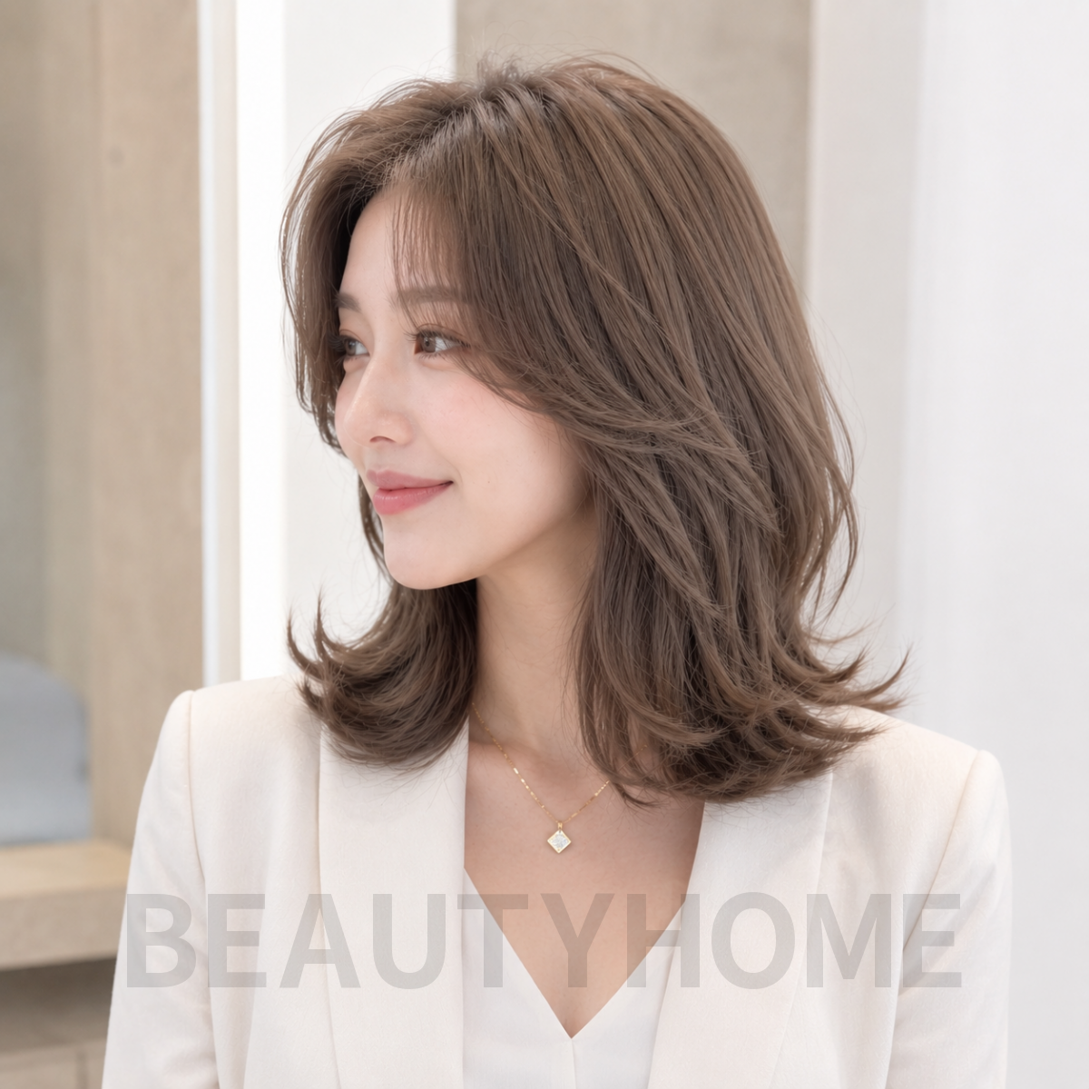 여자 중단발 레이어드 S컬펌 애쉬 베이지 염색