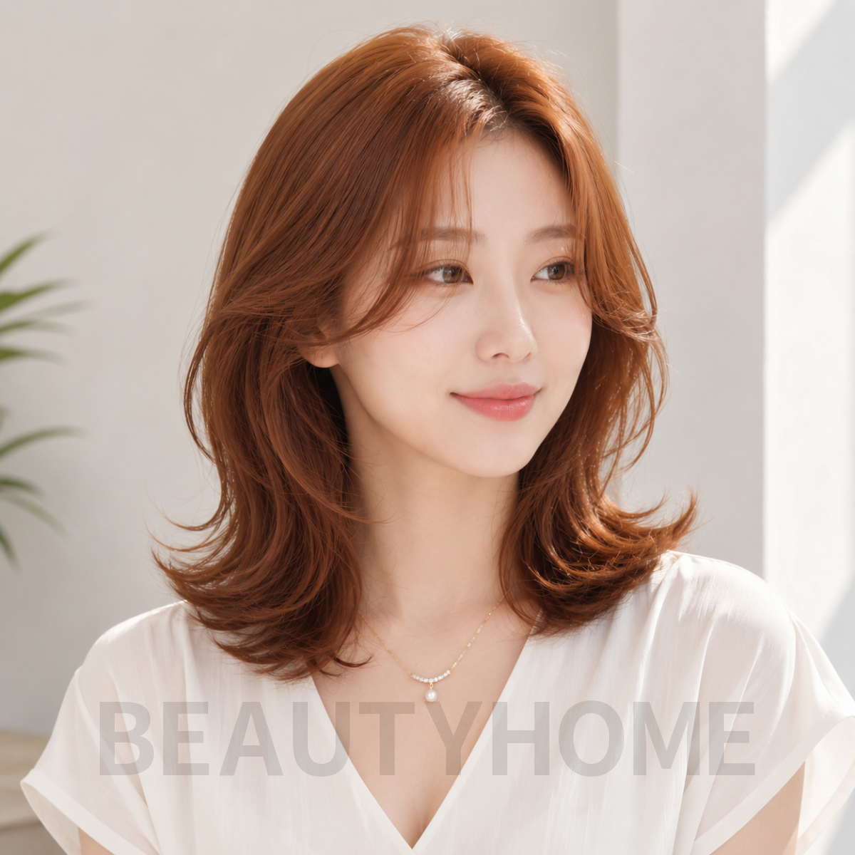 여자 중단발 레이어드 S컬펌 오렌지 브라운 염색