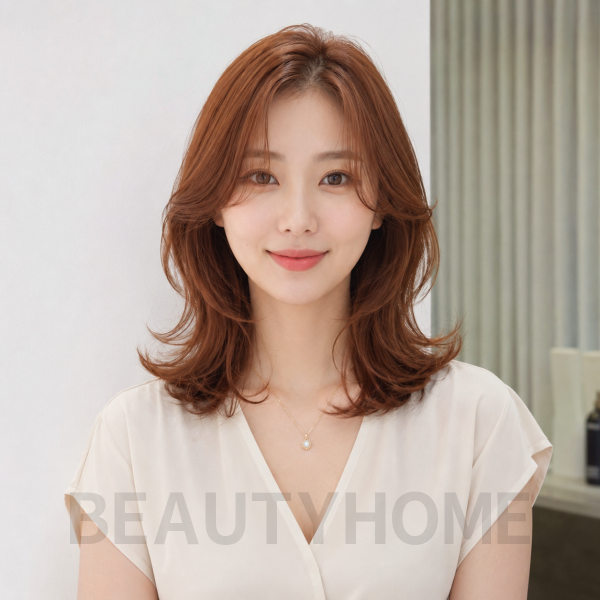 여자 중단발 레이어드 S컬펌 오렌지 브라운 염색