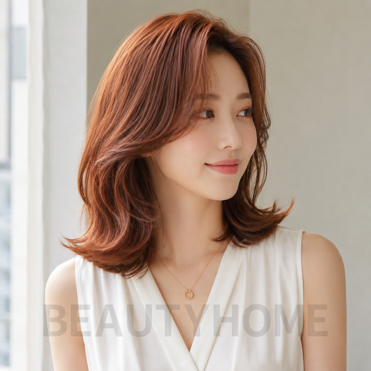 여자 중단발 빌드펌 오렌지 브라운 염색