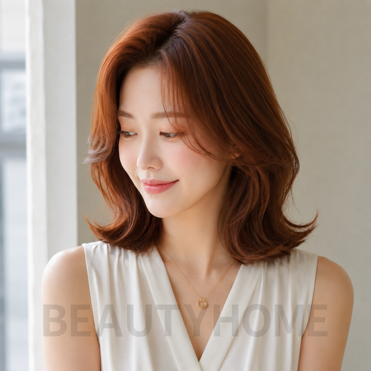 여자 중단발 빌드펌 오렌지 브라운 염색
