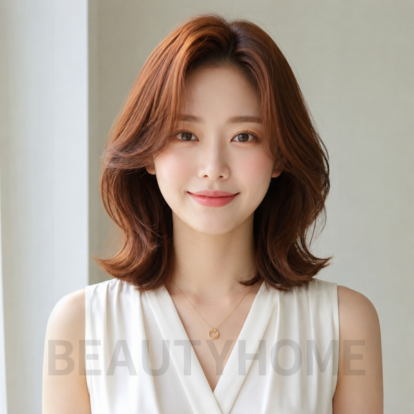 여자 중단발 빌드펌 오렌지 브라운 염색