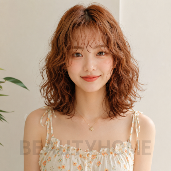여자 중단발 히피펌 오렌지 브라운 염색