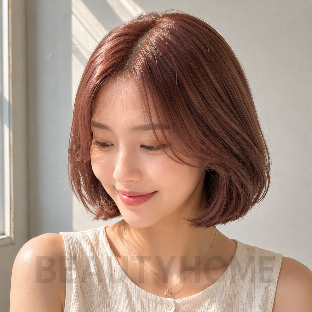 여자 단발 보브컷 로즈 브라운 염색
