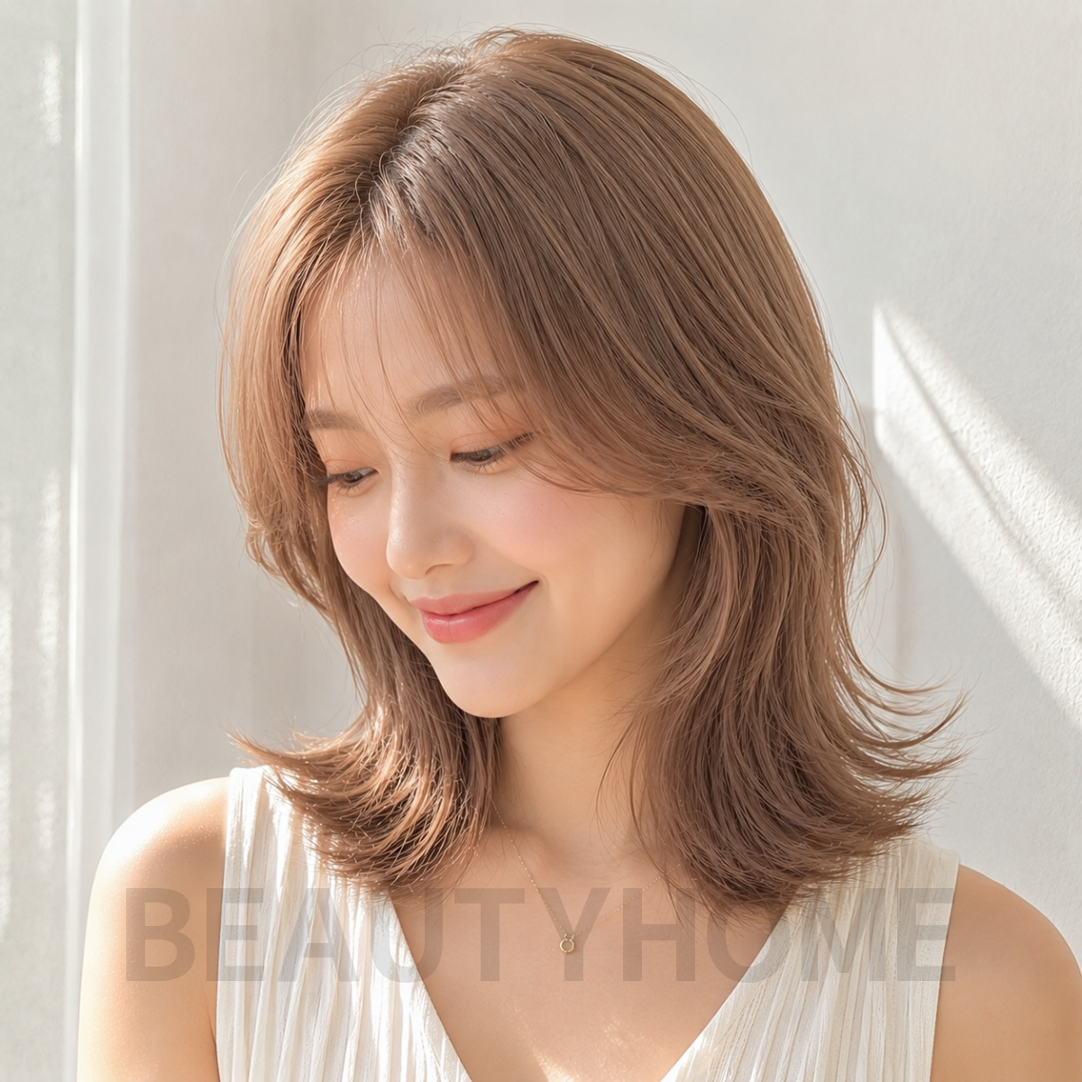 여자 중단발 레이어드컷 밀크티 베이지 염색