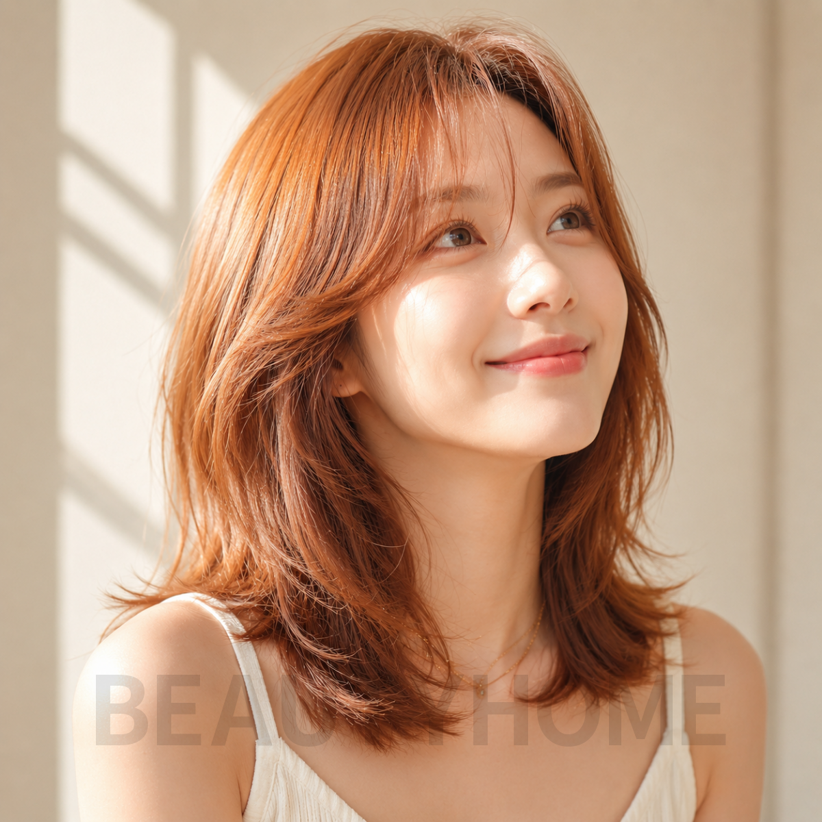 여자 중단발 레이어드컷 오렌지 브라운 염색