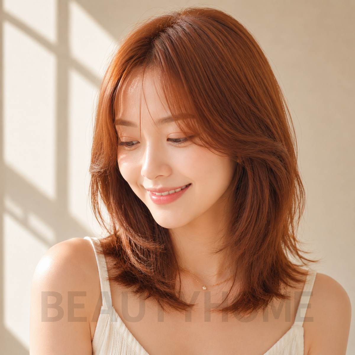 여자 중단발 레이어드컷 오렌지 브라운 염색