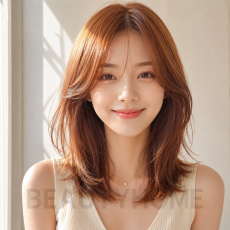 여자 중단발 레이어드컷 오렌지 브라운 염색