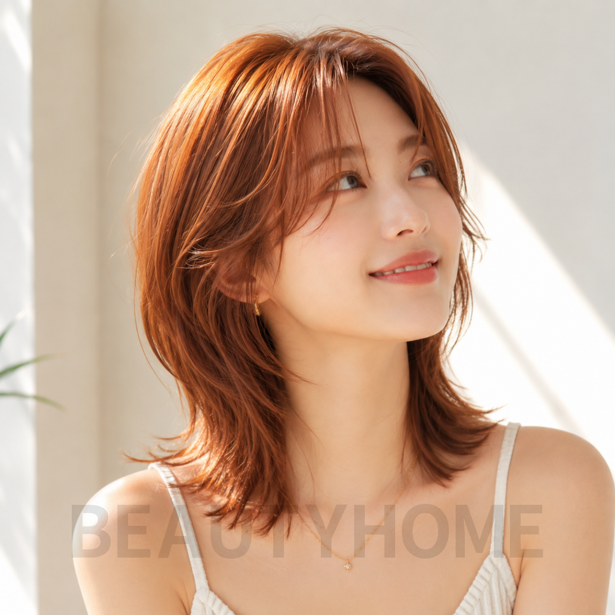 여자 중단발 허쉬컷 오렌지 브라운 염색