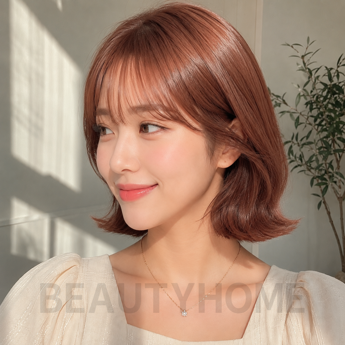 여자 단발 위켄드 보브컷 로즈 브라운 염색