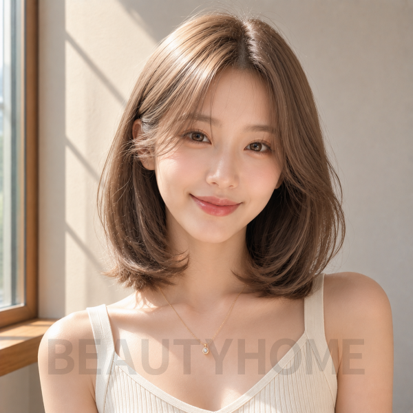 여자 중단발 C컬펌 밀크티 베이지 염색