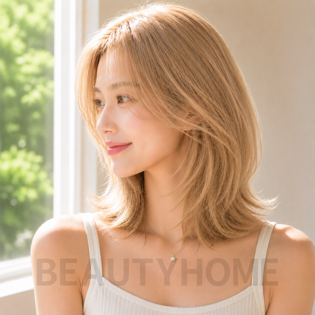 여자 중단발 레이어드컷과 골드 블론드