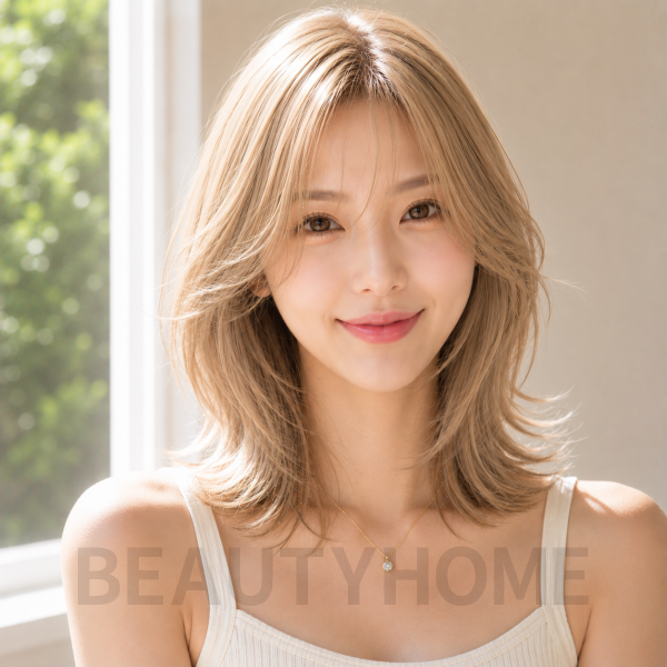 여자 중단발 레이어드컷과 골드 블론드