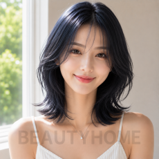 여자 중단발 레이어드컷과 블루  블랙 염색
