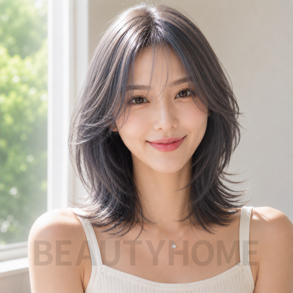 여자 중단발 레이어드컷과 블루  애쉬 베이지