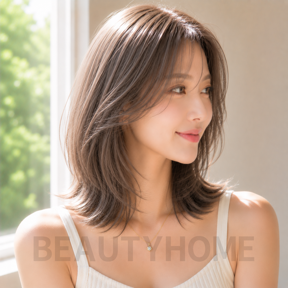 여자 중단발 레이어드컷과 애쉬 브라운