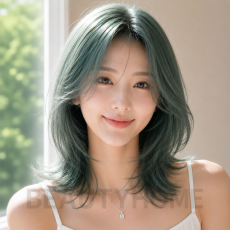 여자 중단발 레이어드컷과 에메랄드 그린 염색