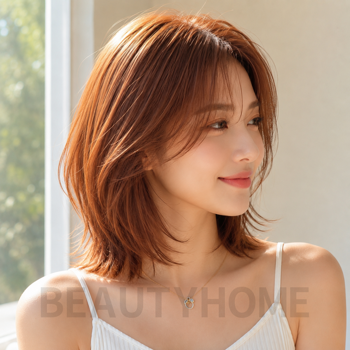 여자 중단발 레이어드컷과 오렌지 브라운 염색