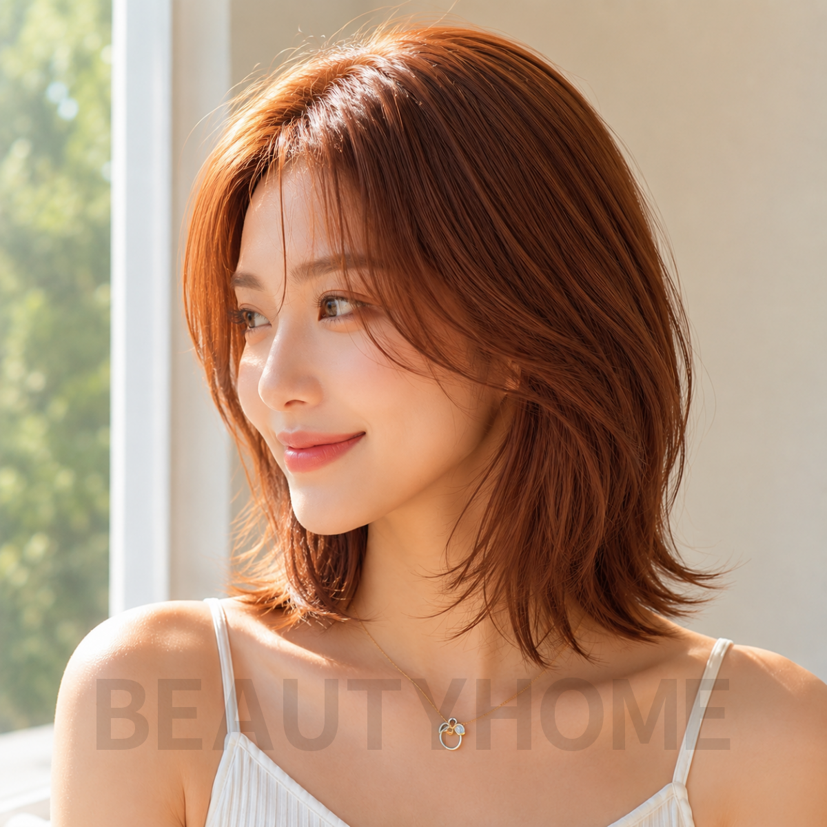 여자 중단발 레이어드컷과 오렌지 브라운 염색