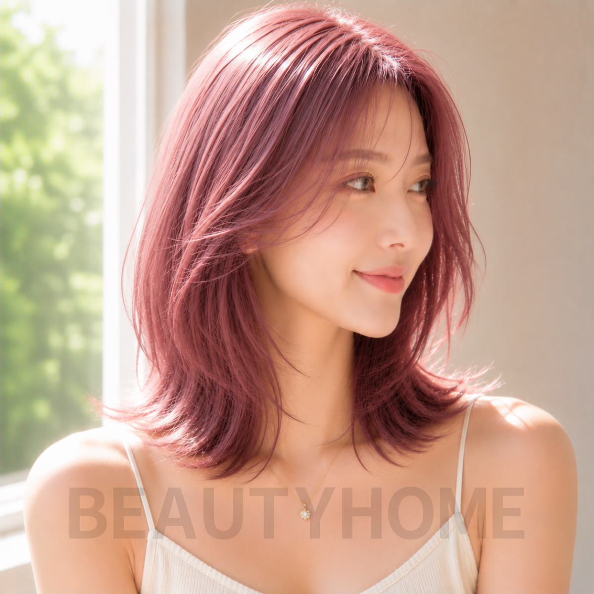 여자 중단발 레이어드컷과 체리 핑크 염색
