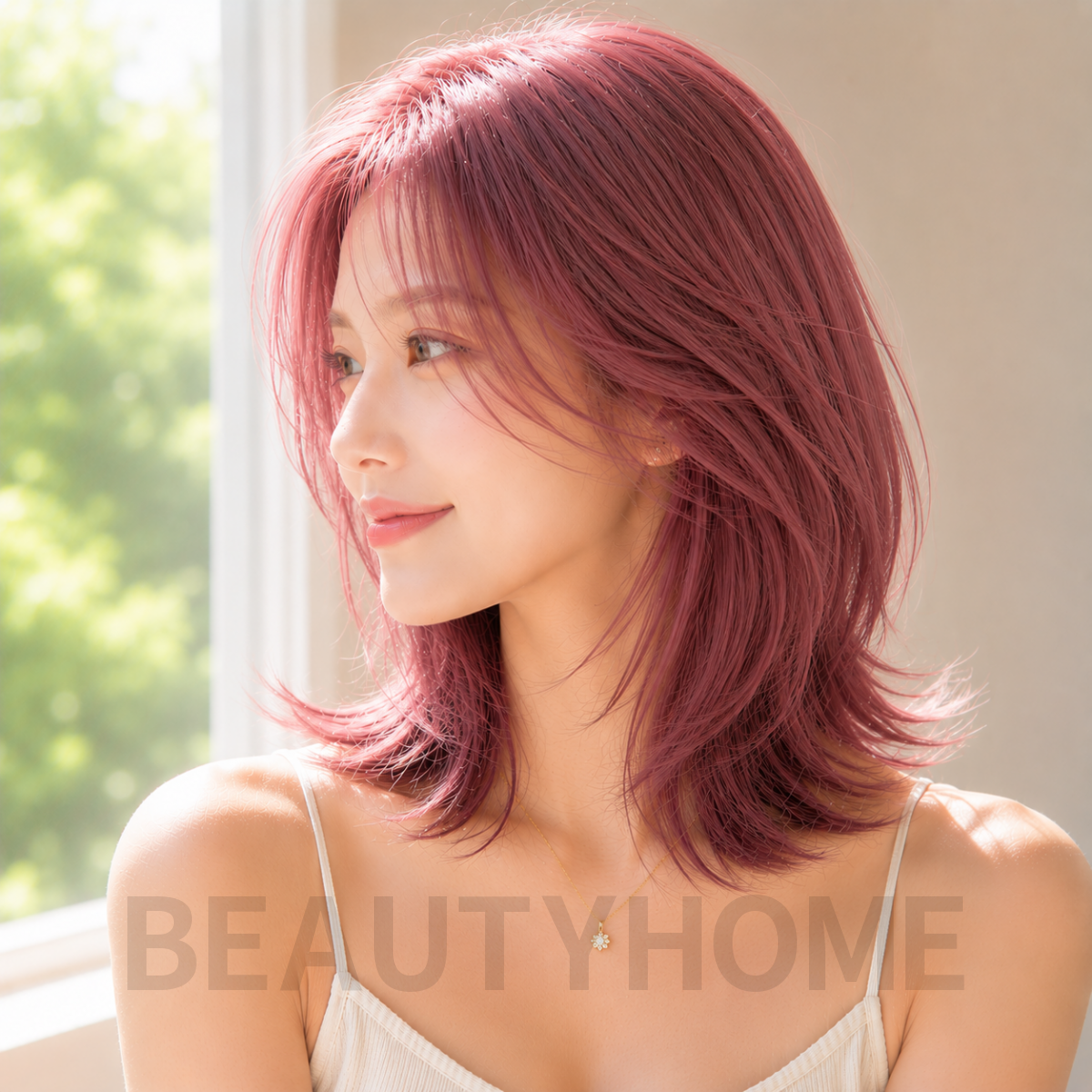 여자 중단발 레이어드컷과 체리 핑크 염색