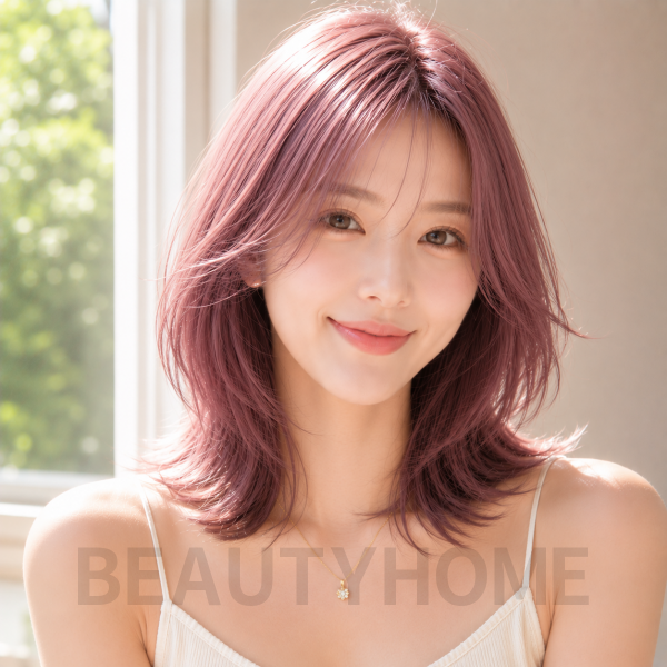 여자 중단발 레이어드컷과 체리 핑크 염색