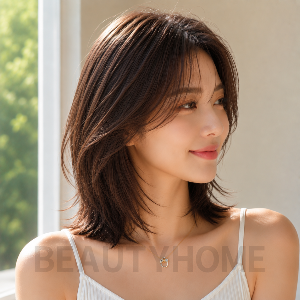 여자 중단발 레이어드컷과 초코 브라운 염색