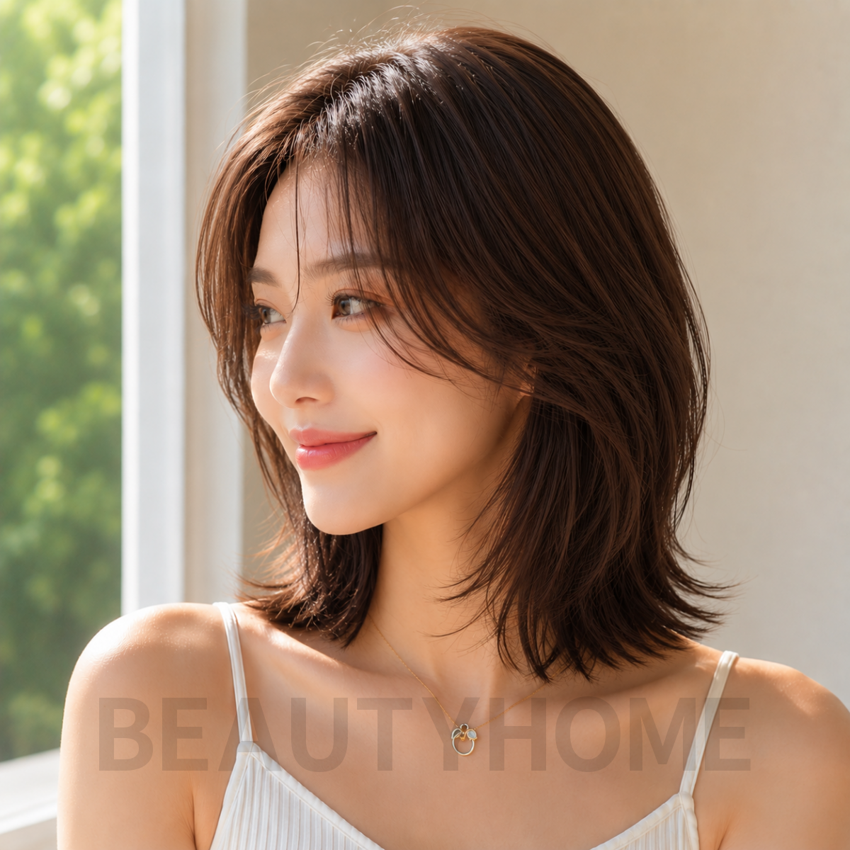 여자 중단발 레이어드컷과 초코 브라운 염색