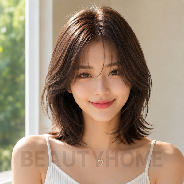 여자 중단발 레이어드컷과 초코 브라운 염색