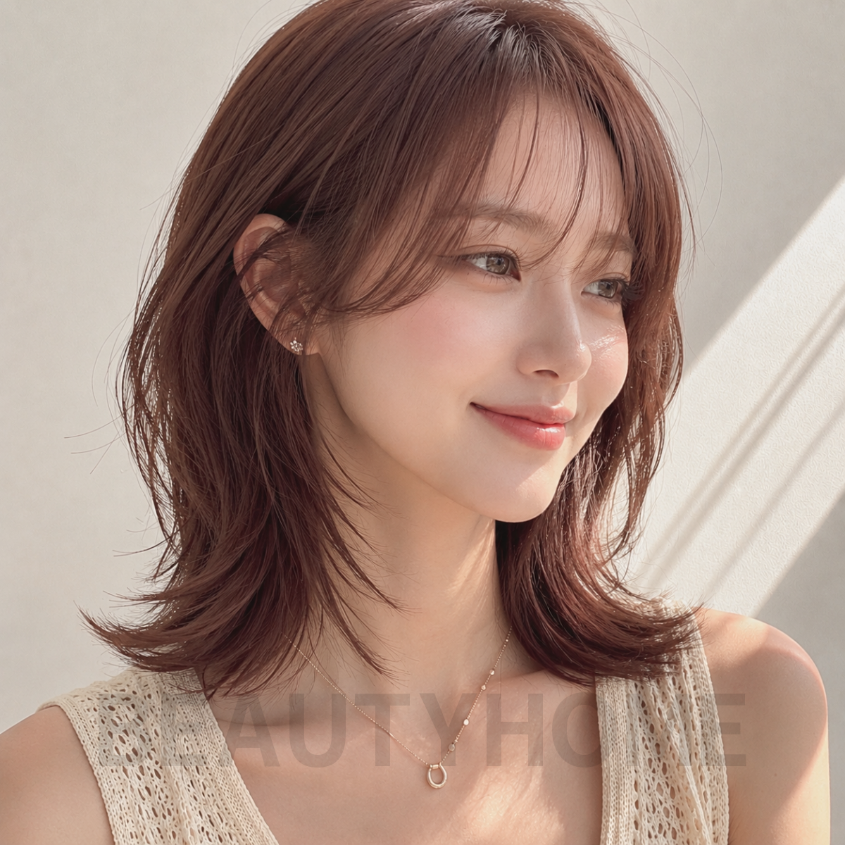 여자 중단발 허쉬컷과 로즈 브라운 염색