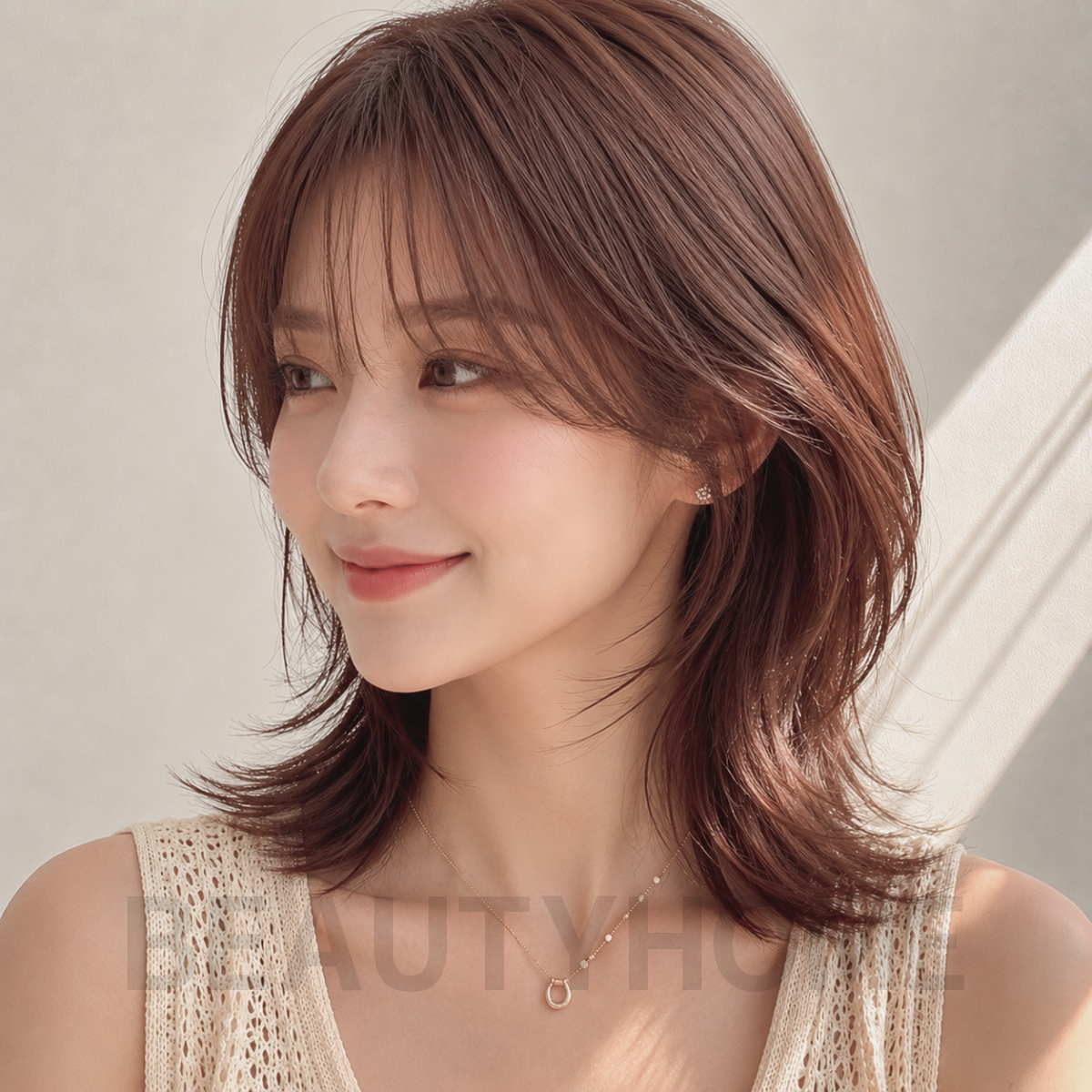 여자 중단발 허쉬컷과 로즈 브라운 염색