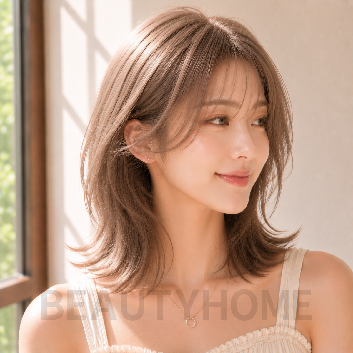 여자 중단발 허쉬컷과 애쉬 베이지 염색