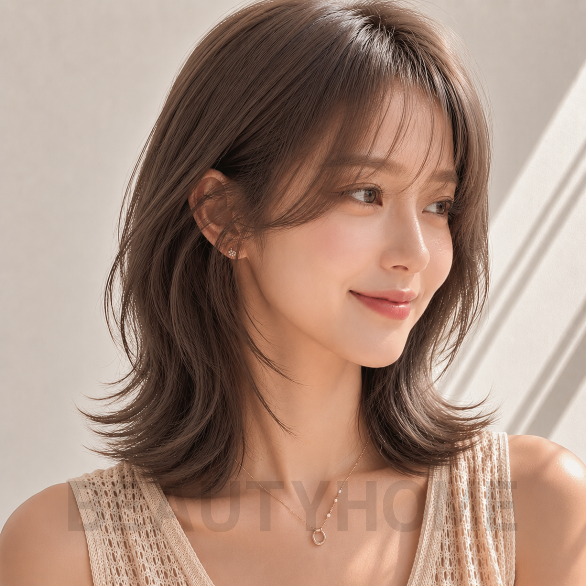 여자 중단발 허쉬컷과 애쉬 브라운 염색