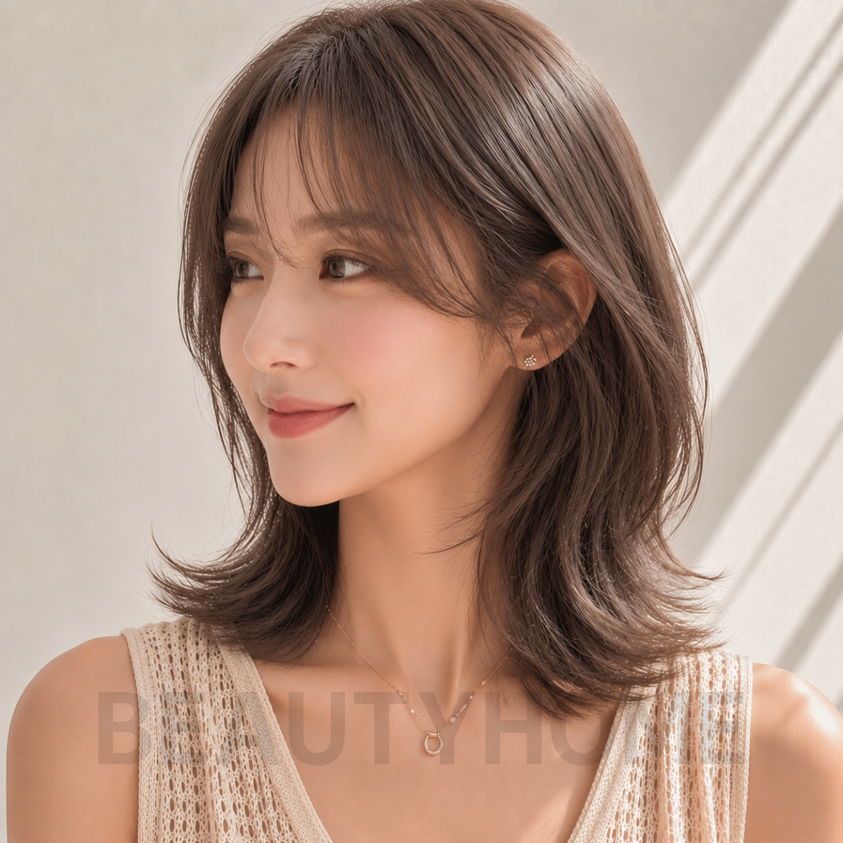 여자 중단발 허쉬컷과 애쉬 브라운 염색