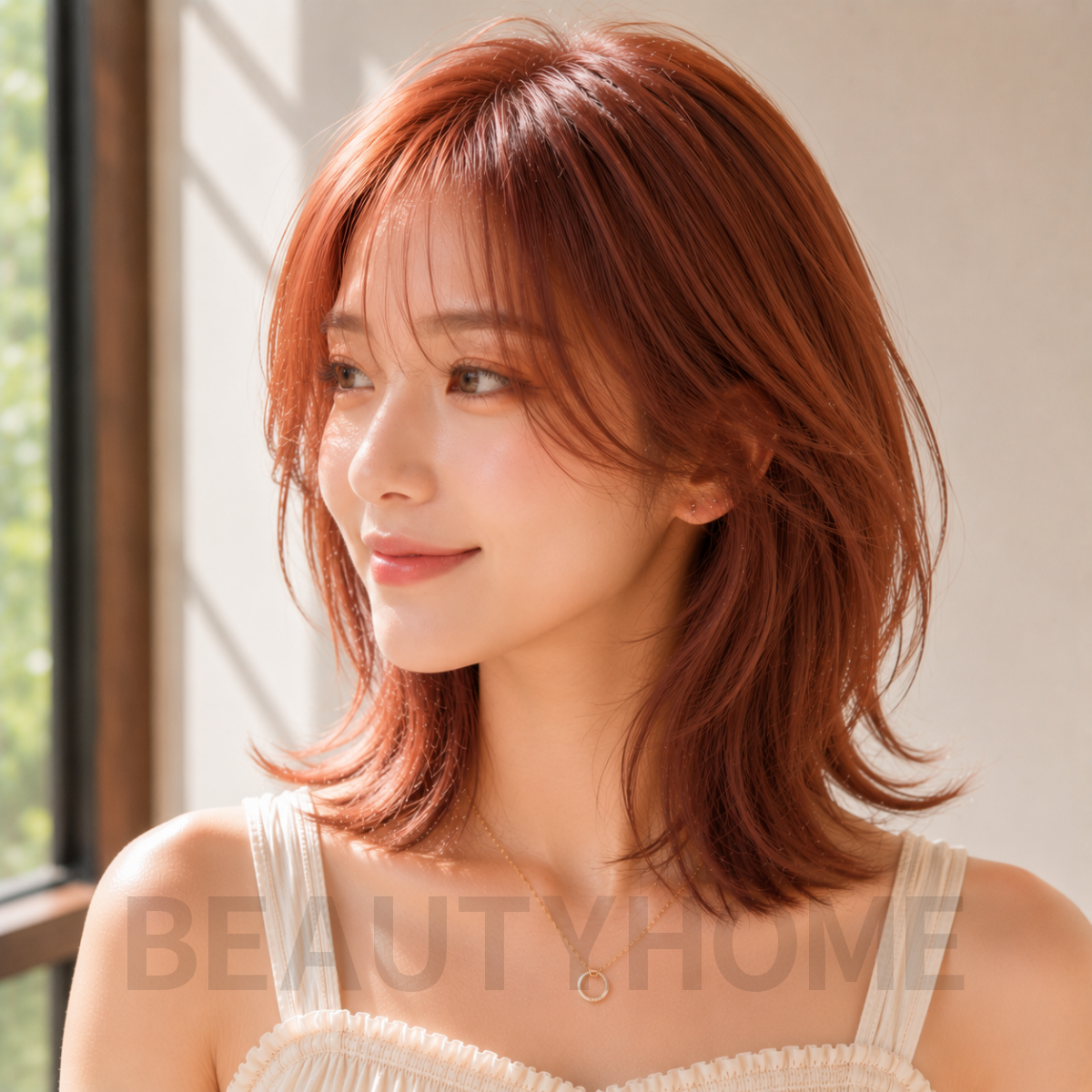 여자 중단발 허쉬컷과 오렌지 브라운 염색